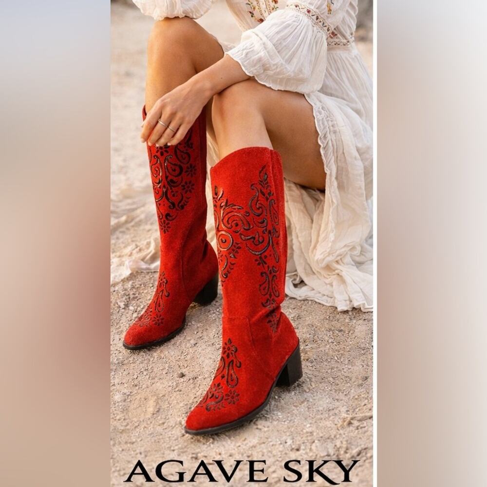 Agave Sky Embroidered Suede Alta Margarita Boots - Red & Black